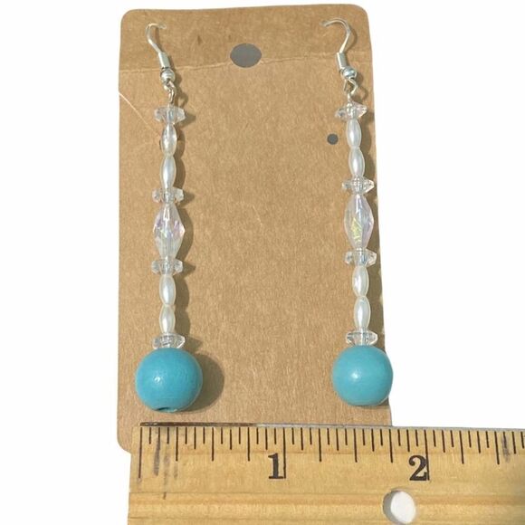 Delicate Long Dangle Drop Slip On Earrings Earrings Turquoise Color Silver Tone - Picture 3 of 3